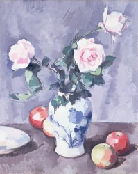 Still Life of Roses in a Blue and White Vase